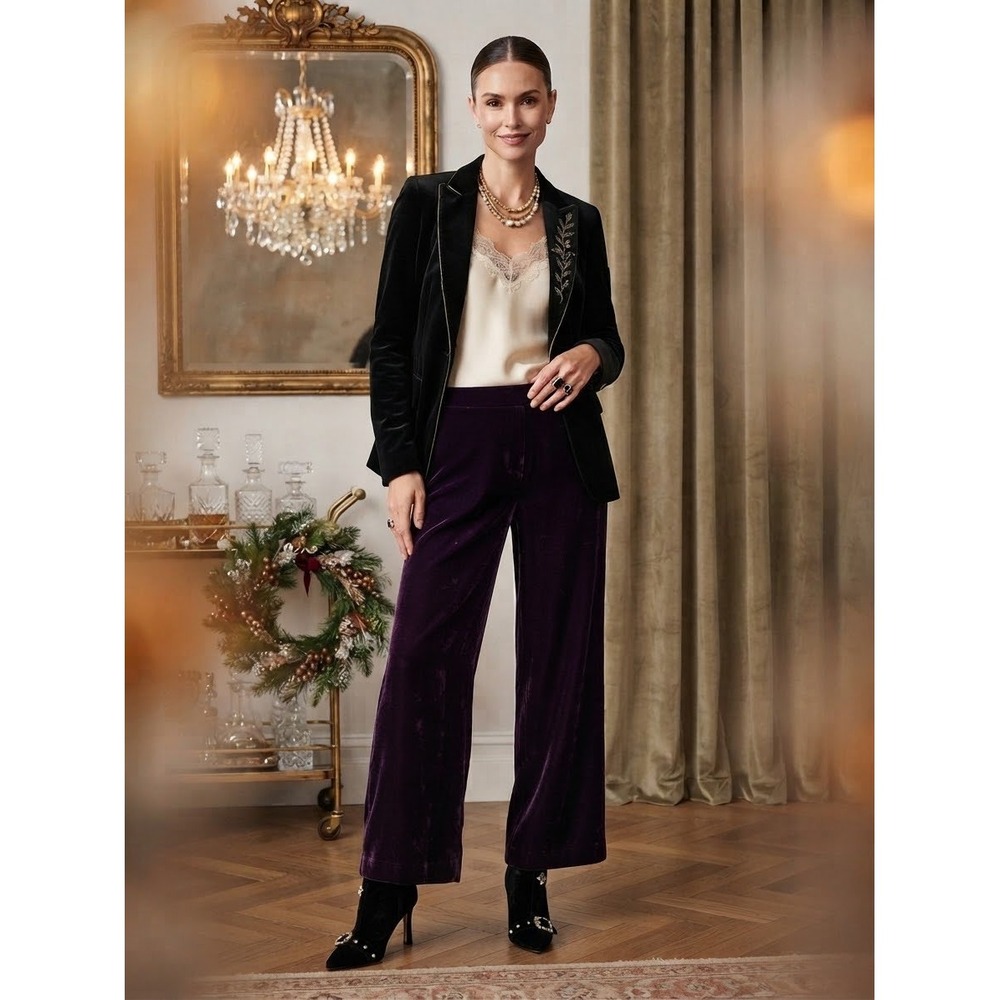 Rafaella Purple Silk Blend Velvet Wide Leg Trousers Pants 10 Holiday Party Chic